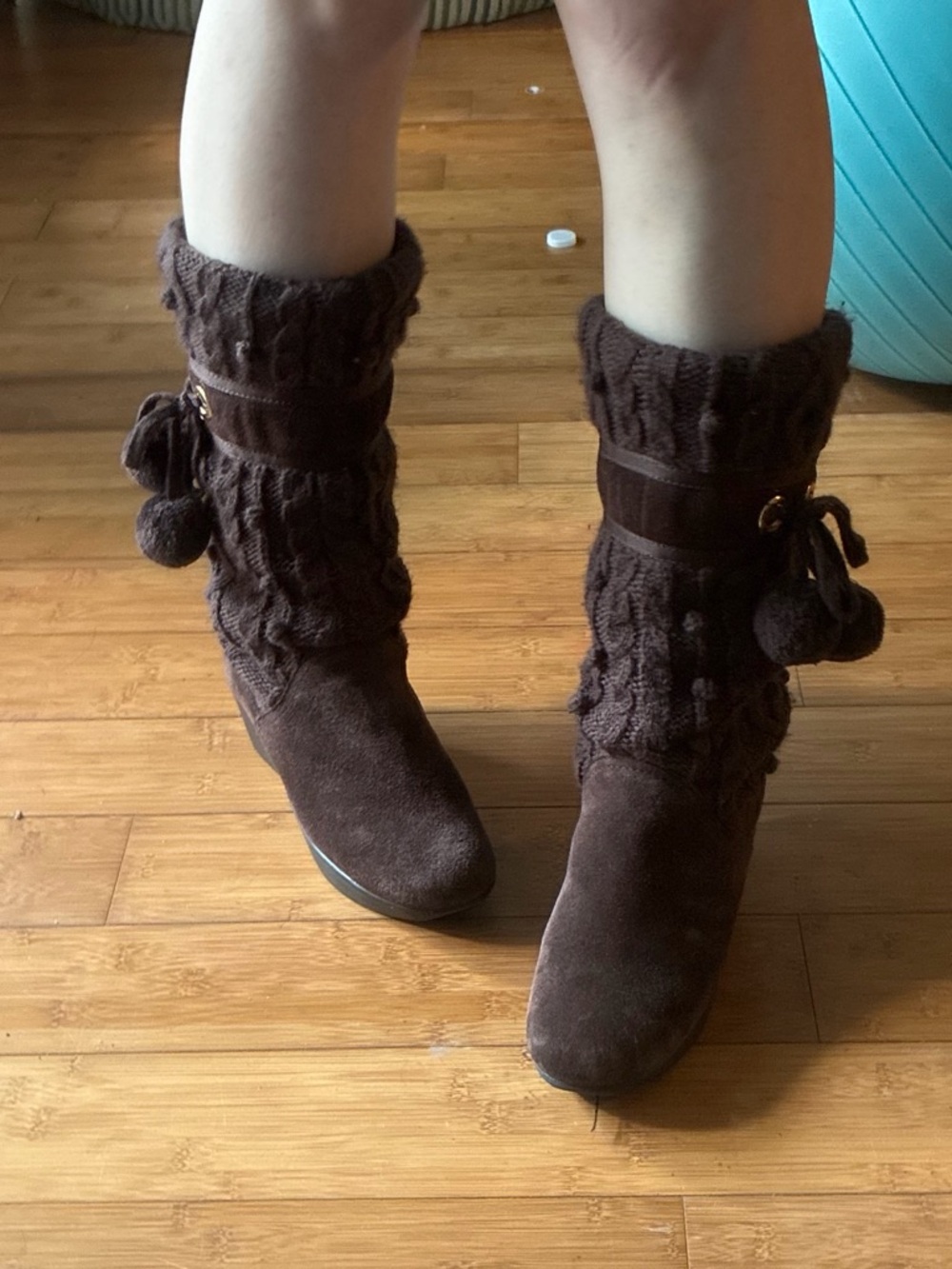 Report Brown Knit Pom-Pom Mid-Calf Heeled Boots